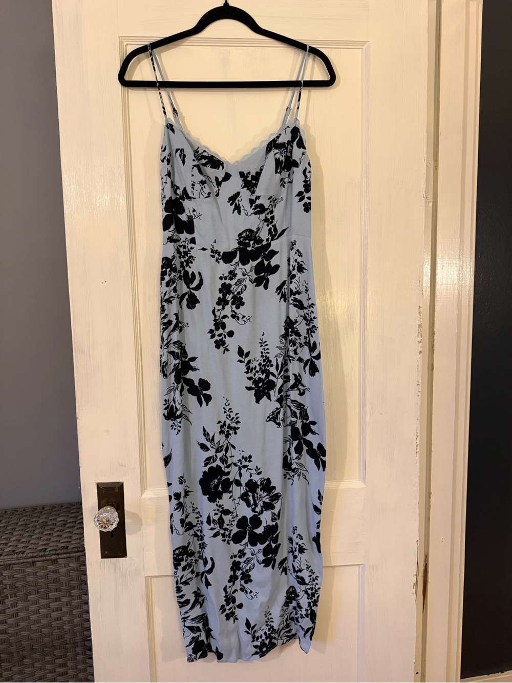 Reformation Light Blue Slip Dress with Black Floral Print